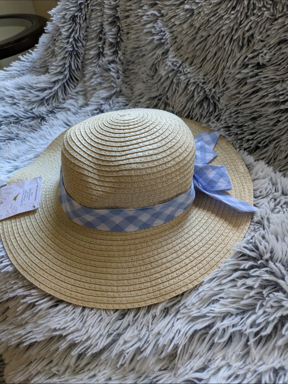 Tommy Bahama Girl Straw Sun Hat with Blue Gingham Bow